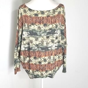 Emerald Rust, Green, Beige Pullover Top with Kimono Sleeves, Size Small